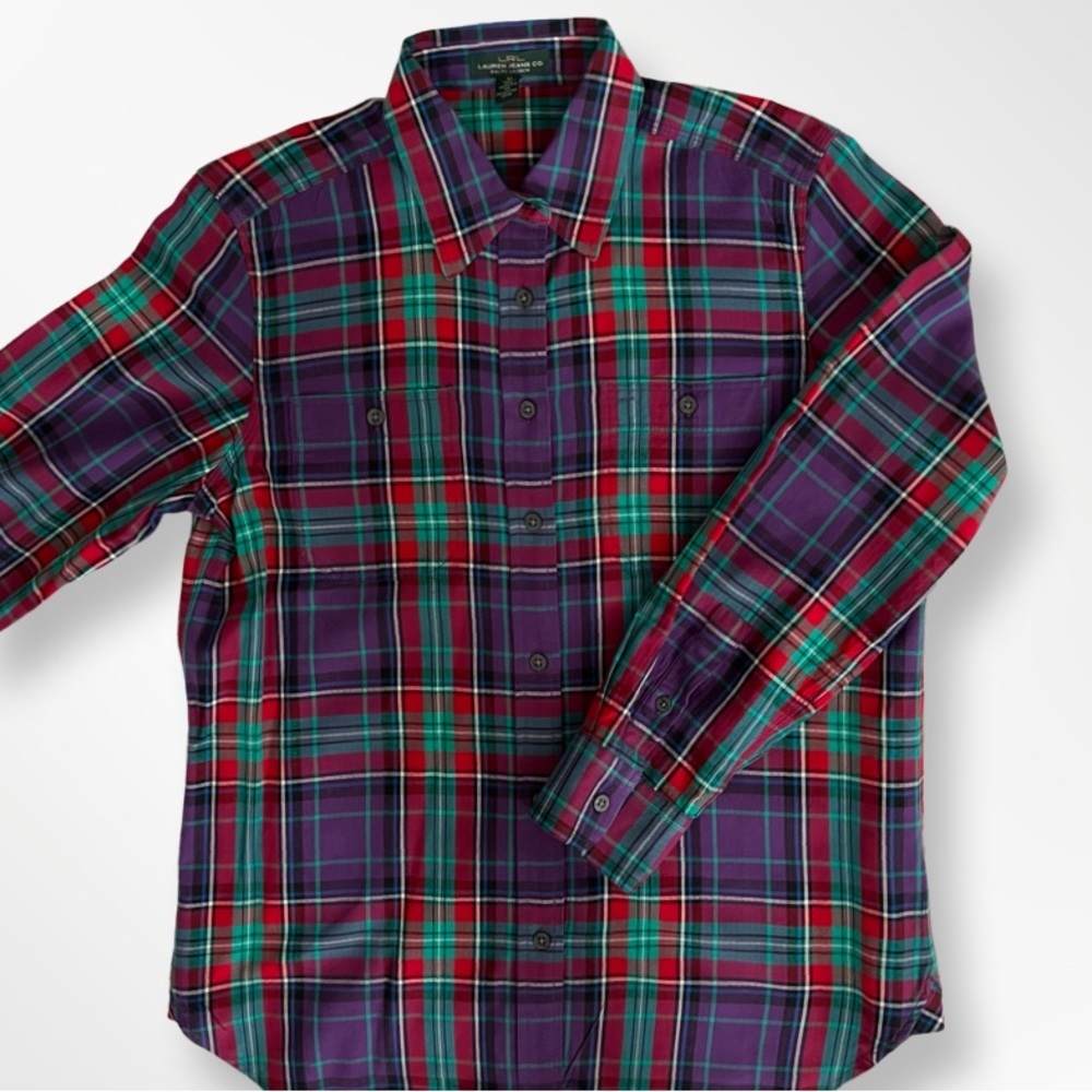 Lauren Ralph Lauren Women's Button Front Shirt Size M Purple Plaid Long Sleeve - Picture 4 of 9